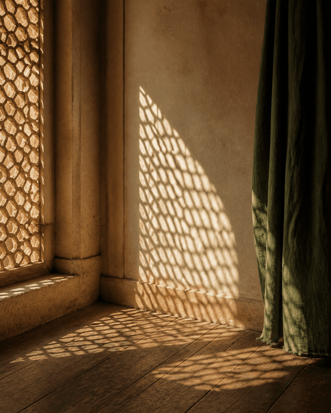 Late afternoon jaali lattice shadows across a plaster wall and wooden floor