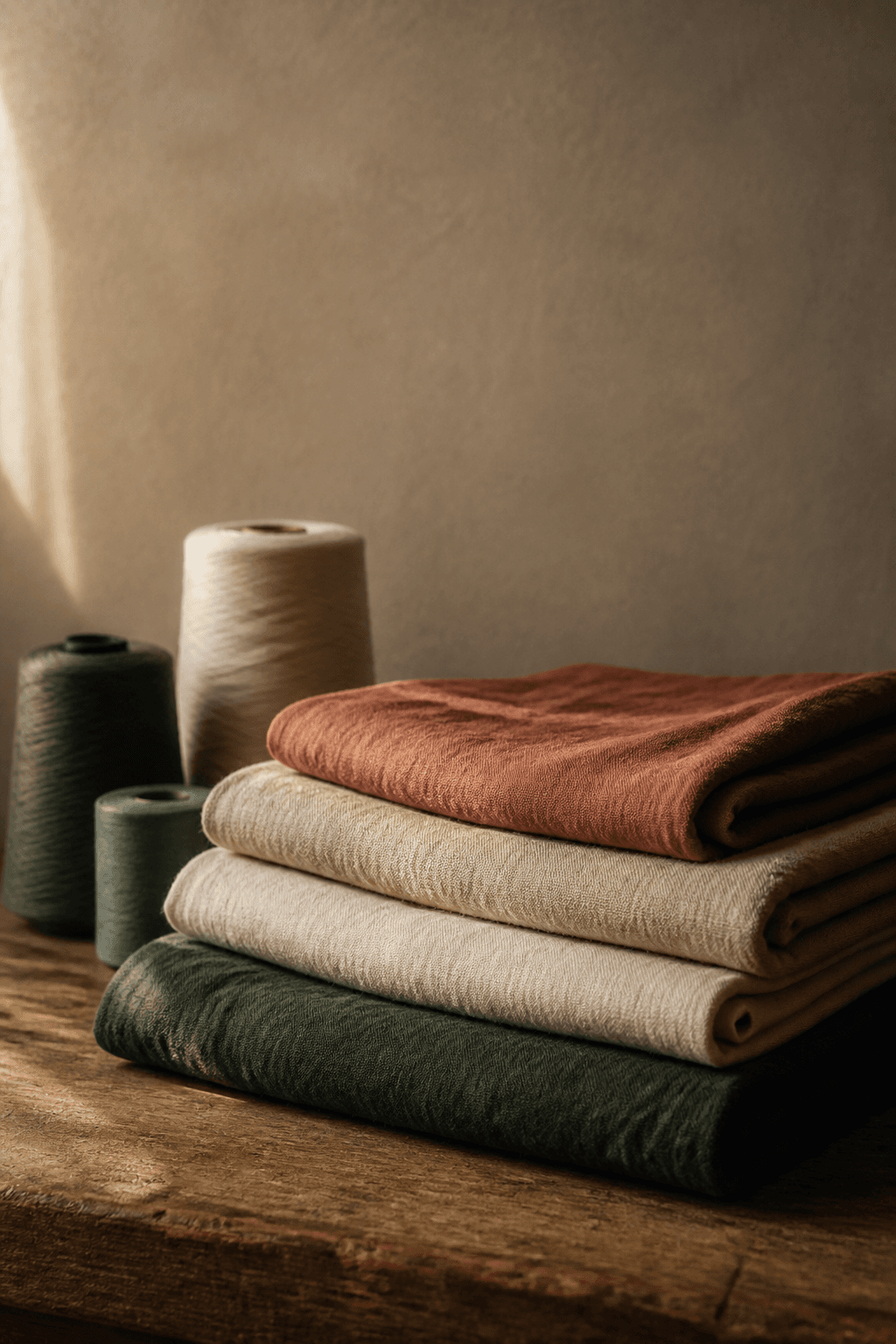Folded jade, muslin, linen, and clay textiles with cotton thread cones